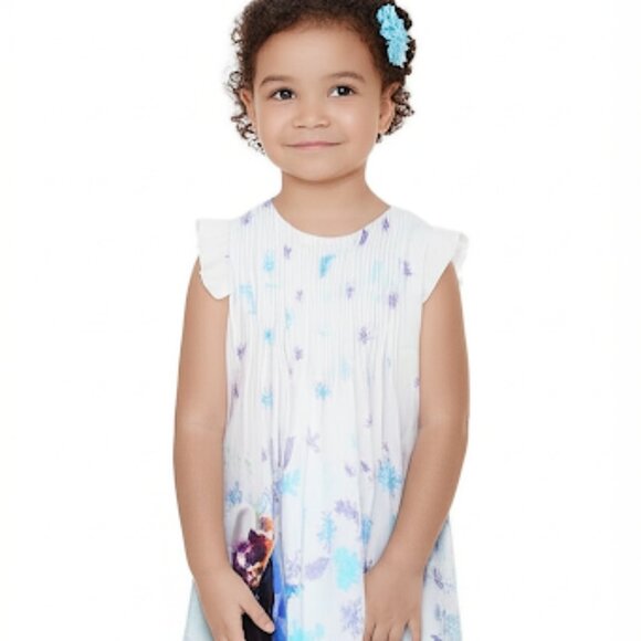Disney Frozen Themed Anna and Elsa White and Blue Pattern Dress Size 4 - Picture 1 of 8